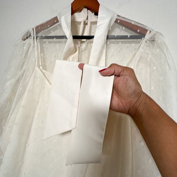 Express Ivory Sheer Swiss Dot Mesh Bow Tie Blouse Long Sleeve Top XL - Picture 3 of 9